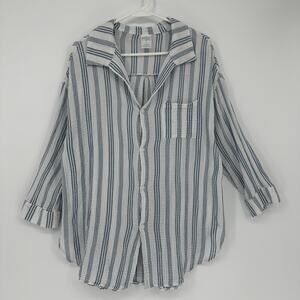 Kona Sol Shirt Womens Medium White Blue Stripe Button Up Tunic Top Relaxed